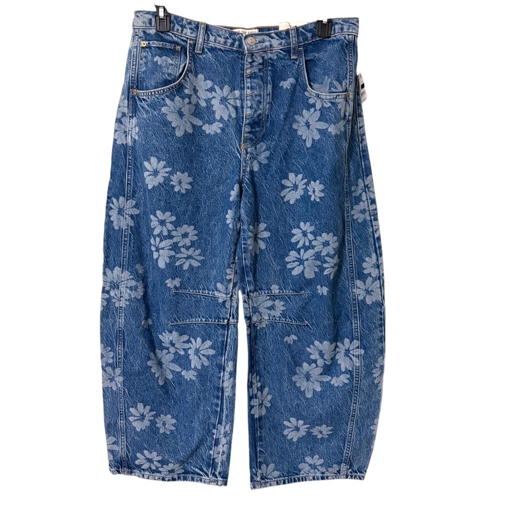 We The Free Womens NEW 31 Good Luck Barrel Jeans Blue Floral Daisy Boho Hippie - Picture 1 of 6